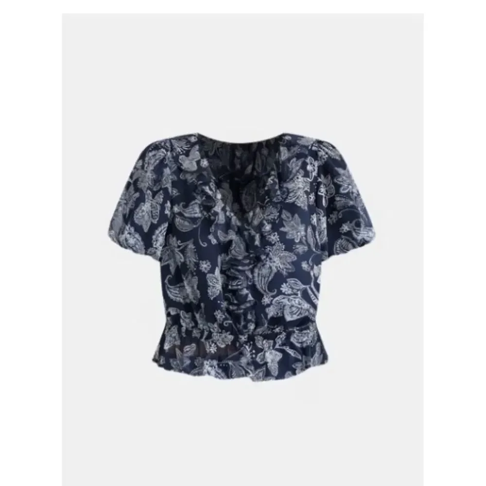 LOFT Blue White Floral Ruffle V Neck Peplum Hem Short Puff Sleeve Blouse NEW